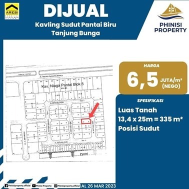 Dijual Kavling Tanah Sudut Pantai Biru Tanjung Bunga