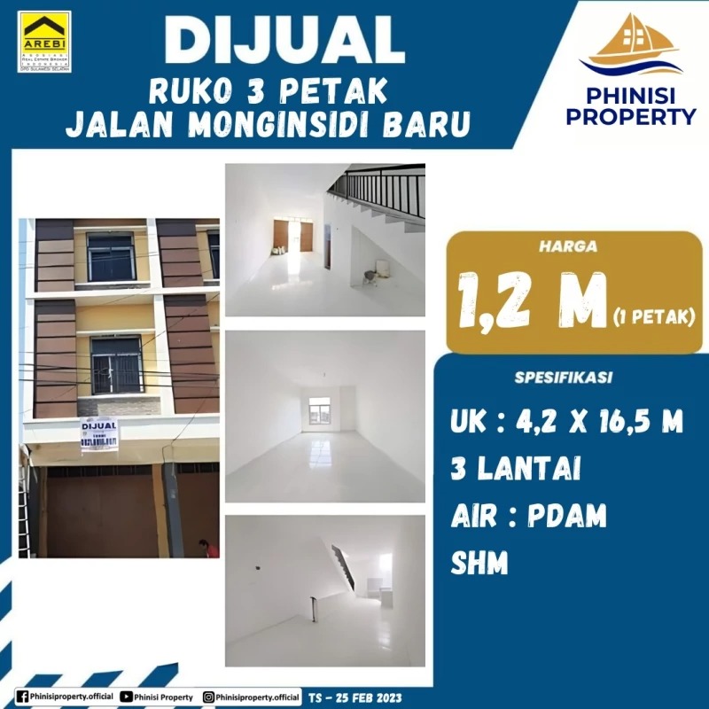 Dijual Ruko 3 Petak Jalan Monginsidi Baru