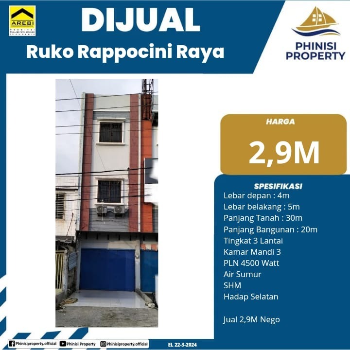 Dijual Ruko Jalan Rappocini Raya