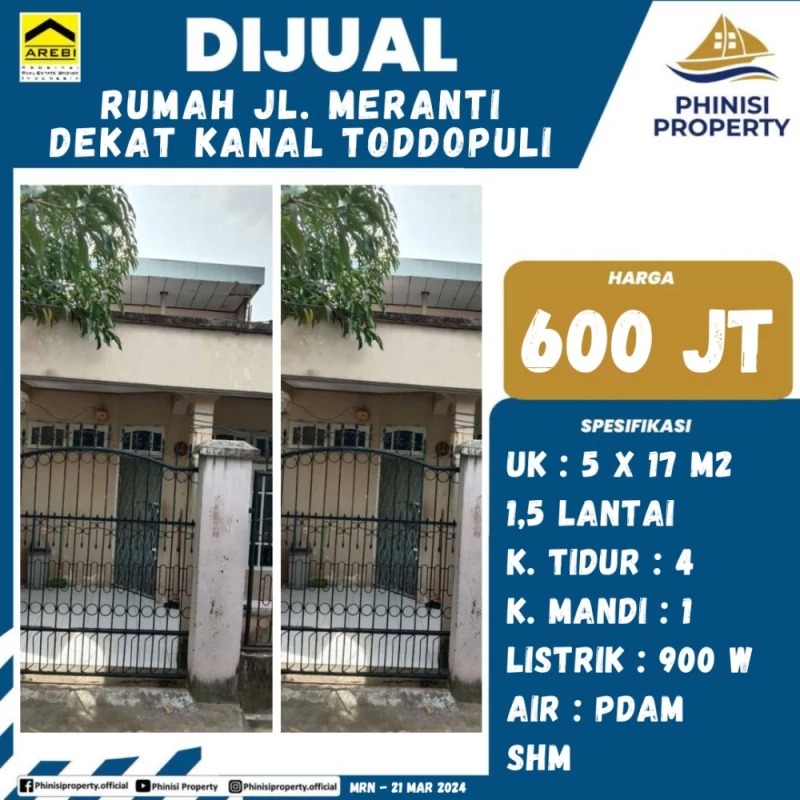 Dijual Rumah Jalan Meranti Dekat Kanal Toddopuli