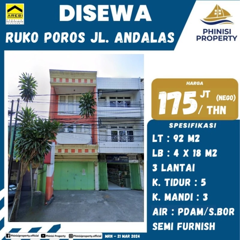 Disewa Ruko Poros Jalan Andalas