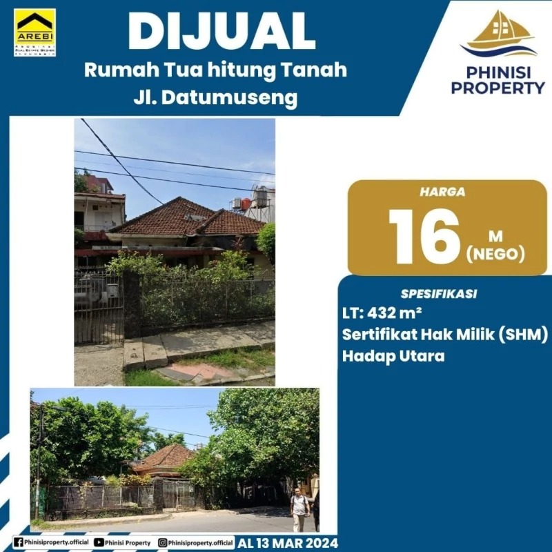 Dijual Rumah Tua Hitung Tanah Jalan Datuk Museng
