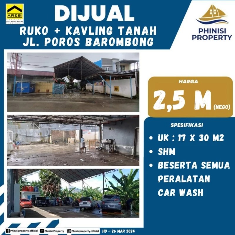 Dijual Ruko + Kavling Tanah Jalan Poros Barombong