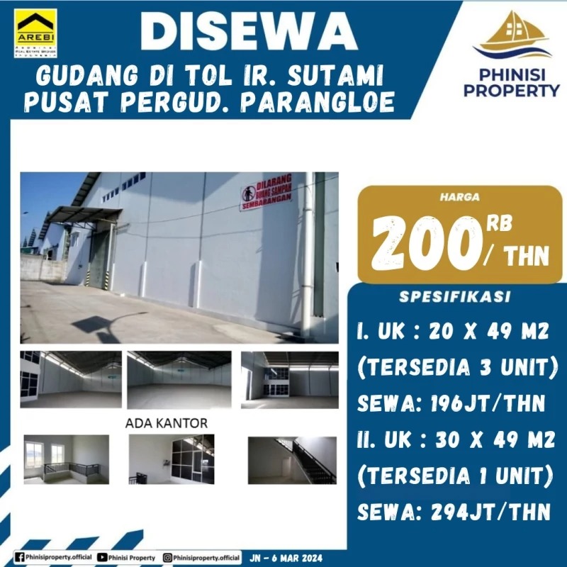 Disewa Gudang di Tol Ir. Sutami Pusat Pergudangan Parangloe