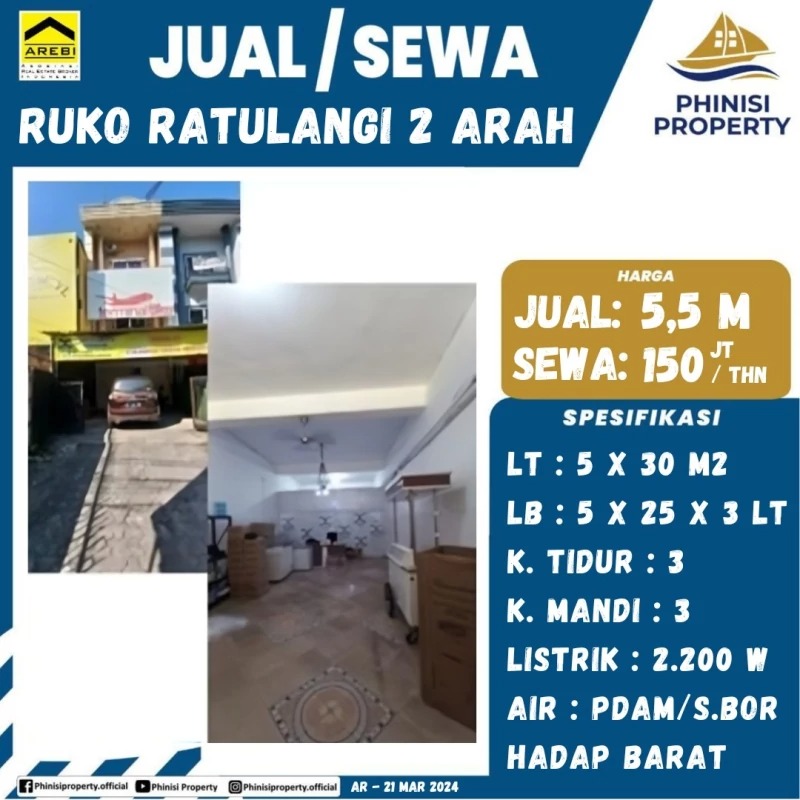 Dijual / Disewa Ruko Jalan Ratulangi 2 Arah