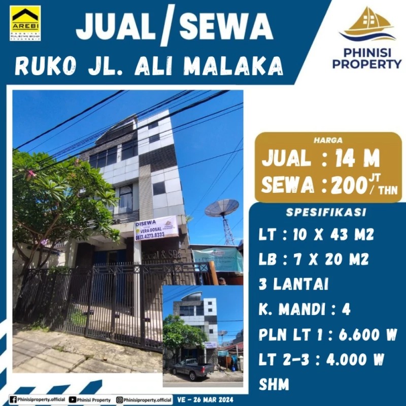 Dijual / Disewa Ruko Jalan Ali Malaka