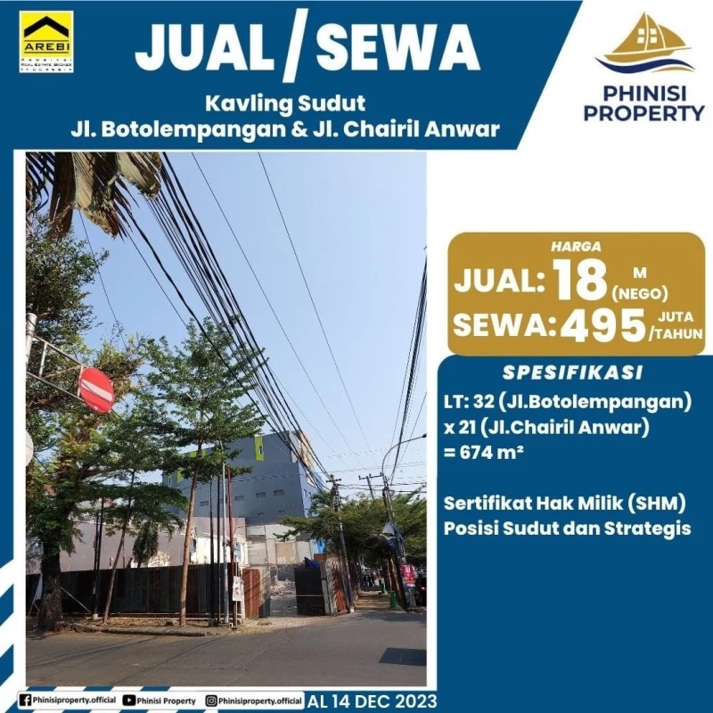 Dijual / Disewa Tanah Jalan Botolempangan - Jalan Chairil Anwar