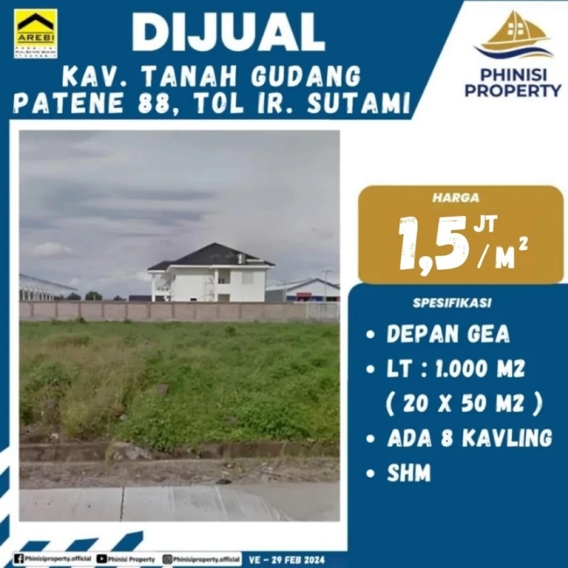 Dijual Kavling Tanah Gudang Pattene 88, Tol Ir. Sutami