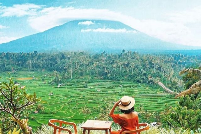 Menawarkan pilihan makan sepuasnya · Menyediakan tempat duduk di area terbuka dengan pemandangan sawah dan Gunung agung yang menakjubkan