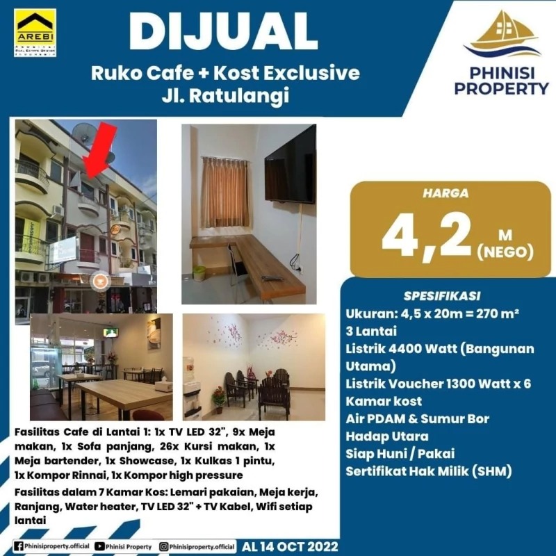 Dijual Ruko Cafe + Kost Exclusive Jalan Ratulangi